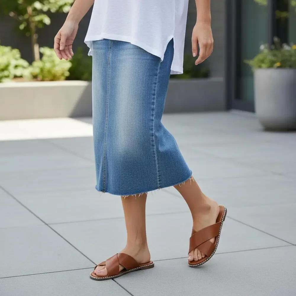 Tan Crisscross Slide Sandals with Studded Detail - Picture 2 of 5